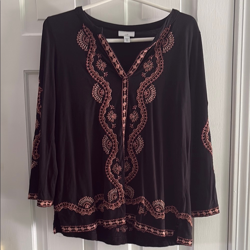 J. Jill Black Blouse with Pink Embroidery XS Petite